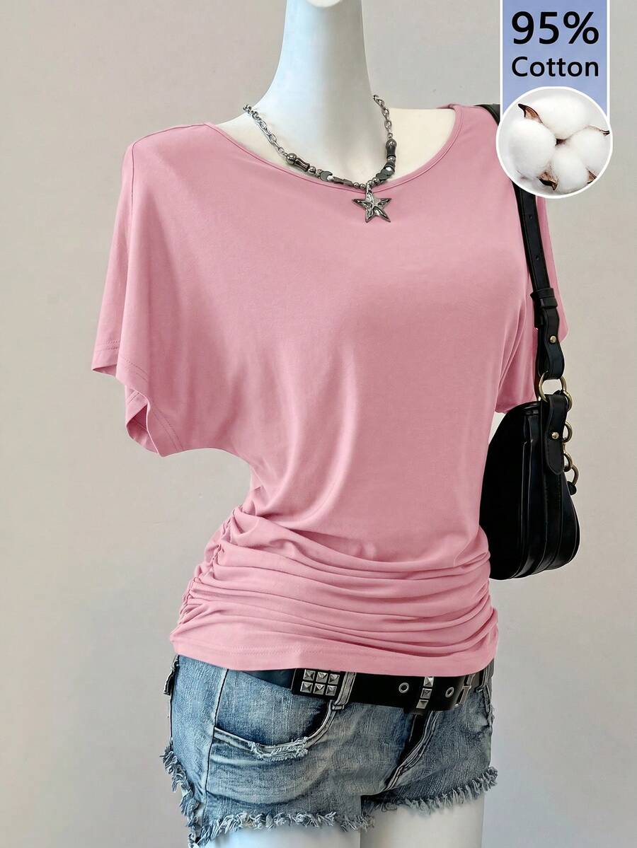 SHEIN EZwear Áo thun nữ màu hồng trơn phong cách tối giản thường ngày, phù hợp cho mùa xuân và mùa hè - Màu Hồng baby - Xem 1