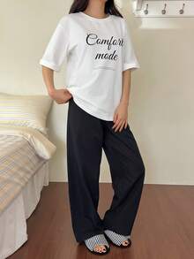 Livesso 2pcs/Set Women Graphic Print Loose Short Sleeve T-Shirt And Straight Long Pants Pajama Set, Summer - White - View 5