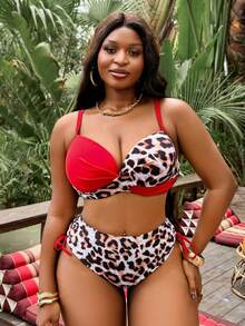 Slaydiva Set Baju Renang Tankini Berkawat 2 Potong Motif Acak untuk Wanita Ukuran Plus, Pakaian Liburan Kasual - Merah - View 5