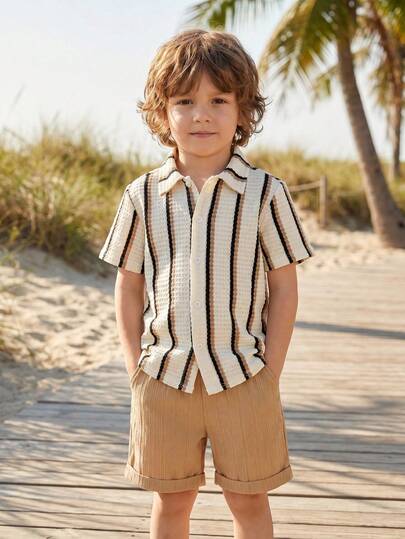 Cozy Pixies 2pcs/Set Young Boy Striped Pattern Polo Collar Short Sleeve Shirt And Elastic Waist Shorts