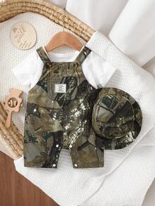 SHEIN Playful Pals 2pcs Newborn Outfit, Utility Style Tree Camo Print Sleeveless Overalls With Bucket Hat Set, Suitable For Outdoor, Casual, Photo Shoot, Summer - Olive Green - View 4