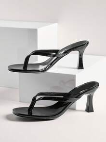 SHUZIA Women Minimalist Comfortable Kitten Heel Thong Strap Slip-On Heeled Sandals Summer Shoes - Black - View 5
