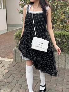 FRIFUL Women's Summer Casual Polka Dot Print Mesh Patchwork Asymmetric Hem Camisole - Black - View 5