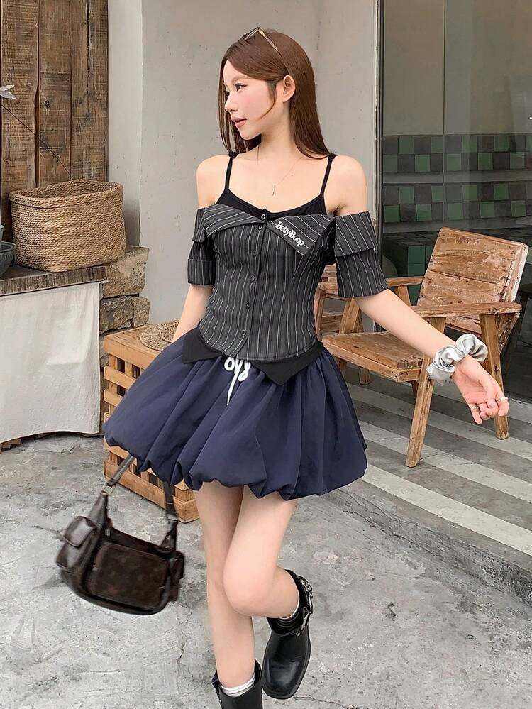 Women's Letter Pattern Striped 2 In 1 Single-Breasted Shirt
