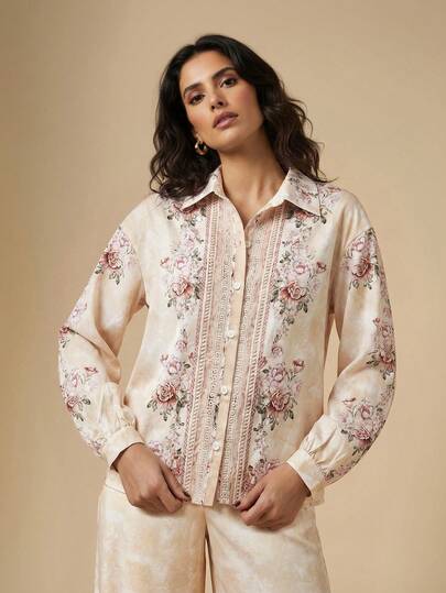 Veilorie 2pcs Vacation Romantic Printed Shirt And Pants Set