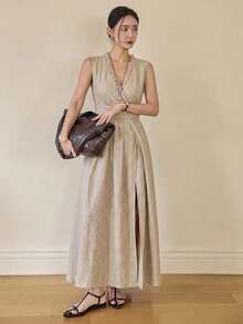 DAZY Women's Pastal V-Neck Dress, Elegant Sexy Teachers' Day Style With Side Slit And Waist Cinching, Spring/Summer Sun Dresses For Women Business Golf - Khaki - View 3