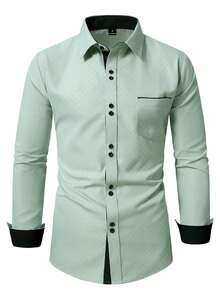 Manfinity Mode Camisa de manga larga con bolsillo y botones delanteros, estilo de negocios para hombres - Verde - Ver 3