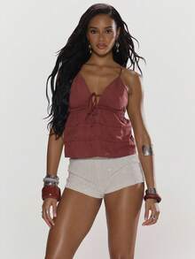 MUSERA Ruched Underbust Seam Tie Front Flowy Top Summer Holiday Vacation Beach Ibiza Cute Festival Elegant Cherry Moon - Red - View 1