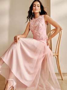 Anewsta Đầm dài không tay cổ tròn đính hạt cườm hai lớp bằng vải lưới thanh lịch dành cho nữ, thiết kế mùa hè mới. - Hồng - Xem 7