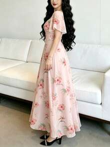 Modelyn 芙蓉花印花时尚方领短袖浅粉色碎花连衣裙，夏季收腰优雅连衣裙，适合夏季度假、日常穿着、海滩度假 - 彩色 - 查看 3