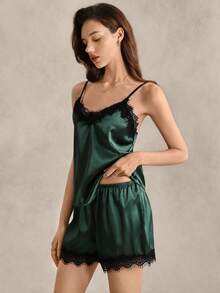 EverLounge Lace Trim Satin Cami Top & Shorts PJ Set / Pajama Set - Dark Green - View 5
