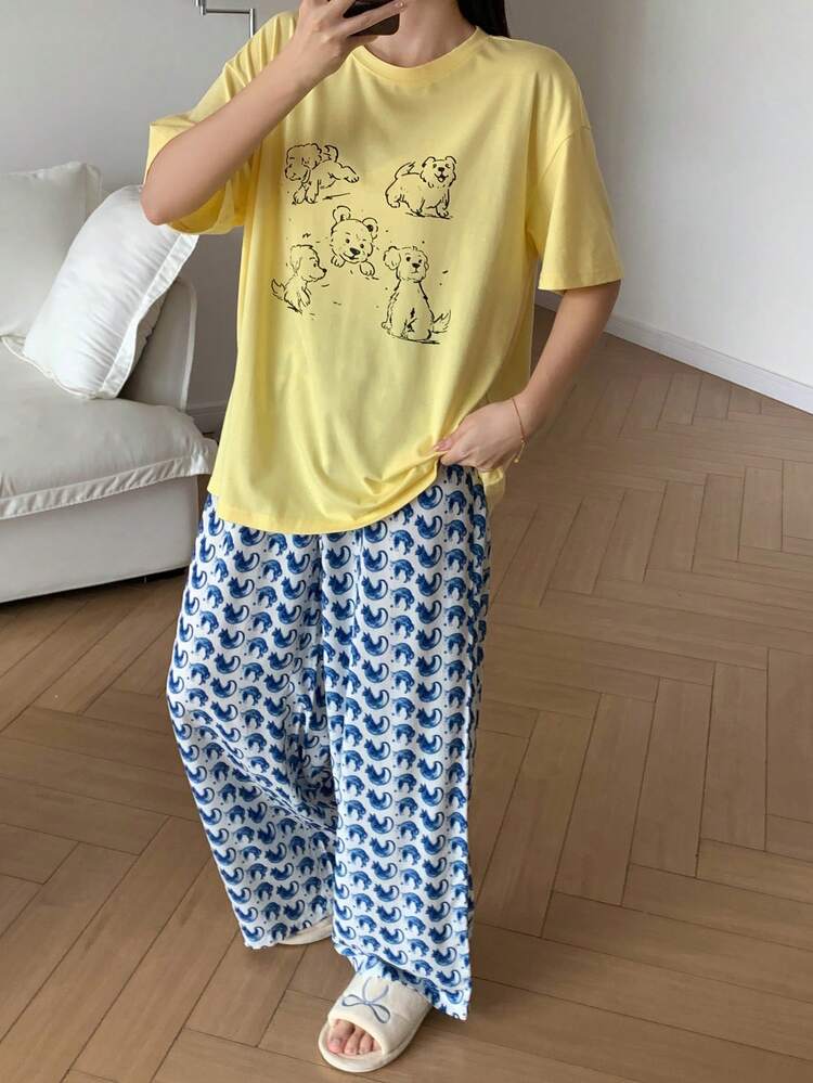 Women's Cute Cartoon Dog Print Loose Fit Top And Full Print Pants Pajama Set, Suitable For Spring, Summer, Autumn
