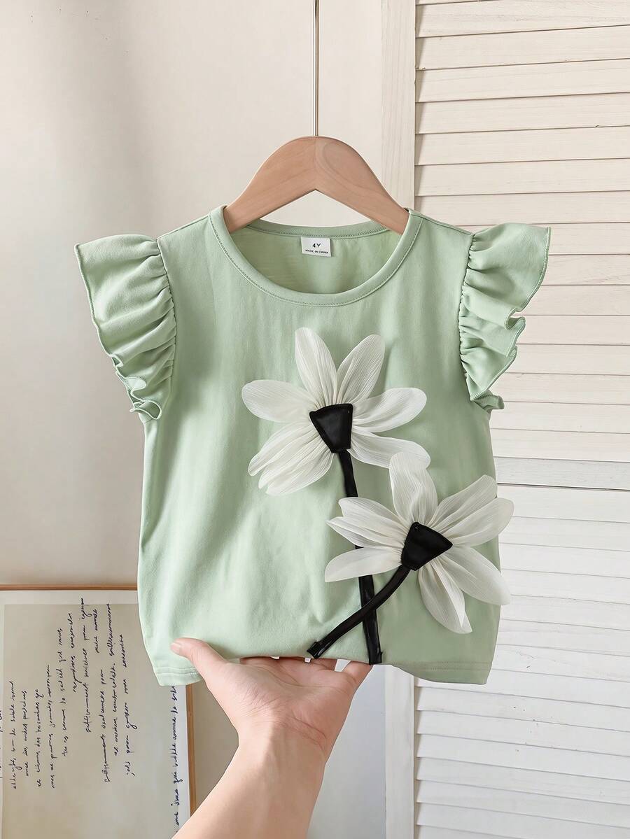 SHEIN 少女夏季綠色荷葉袖上衣,3D花朵貼飾,可愛女孩花朵T恤,休閒少女日常穿著襯衫,藍色蝴蝶 - 綠色 - 查看 1
