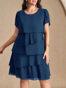 Chikora Plus Size Women Solid Color Round Neck Ruffle Sleeve Casual Dress - Teal Blue - View 1