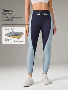 OutZeal Women Moisture Wicking Buttery Soft Tummy Control Pocket Color-Blocked Sports Legging Daily Casual - Blue - View 2