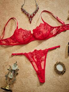 2pcs Mesh Embroidery Women's Lingerie Set - Red - View 3