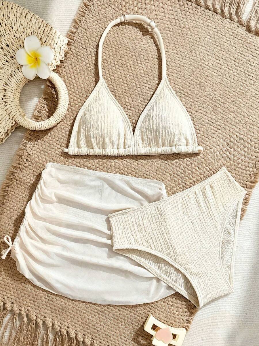 SHEIN New Fashionable Teen Girl Beige Special Fabric Halter Bikini Set With Cover-Up And Mini Skirt - Beige - View 1