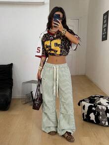 SHEIN Coolane 女士夏季基本款条纹阔腿运动裤 - 軍綠色 - 查看 4