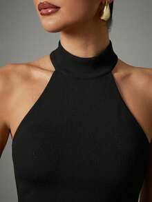 Hauture Sexy Casual Rib Knit Backless Halter Neck Top Summer Fashionable Stretchy Bodycon Sculpted Tank Cami Top - Black - View 6