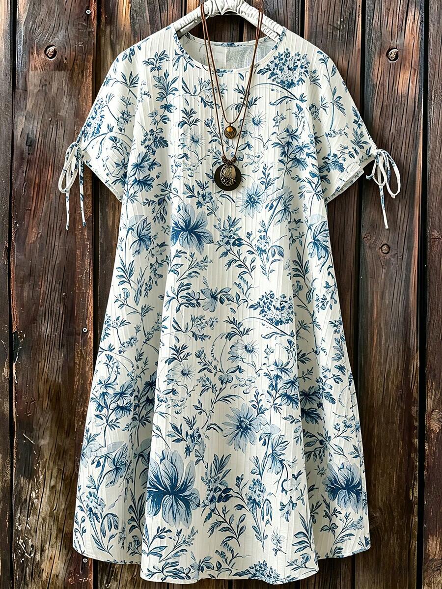 Linhara Plus Size Round Neck Bowknot Tie Sleeve Casual Women Summer Short Sleeve Dress - Multicolor - View 1