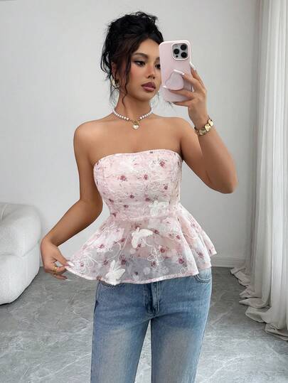 Elenzga Áo ống nữ thanh lịch in hoa và thêu bướm, thích hợp cho mùa hè.