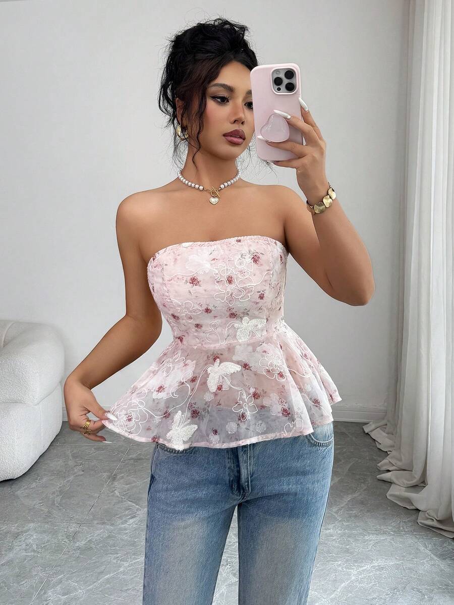 Elenzga Áo ống nữ thanh lịch in hoa và thêu bướm, thích hợp cho mùa hè. - Màu Hồng baby - Xem 1