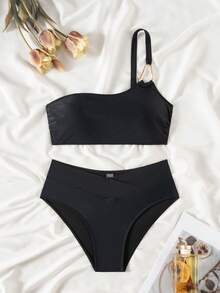 Swim Vcay 女士夏季新款纯色度假风单肩抹胸交叉前开比基尼套装 - 黑色 - 查看 3