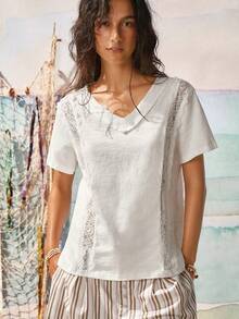 Áo kiểu nữ phong cách Bohemian mới, phối ren, cổ chữ V, kiểu dáng thường ngày. - Màu be - Xem 4