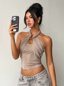 Aloruh 女士优雅金属扣装饰收腰褶皱系带吊带背心 - 杏色 - 查看 3