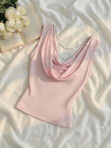 SHEIN MOD Top sin mangas ajustado con cuello en pico, espalda descubierta y cadena de perlas falsas - Rosa - Ver 2