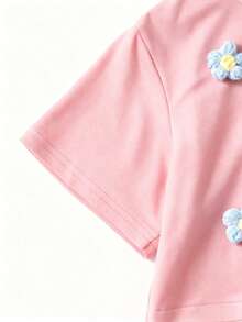 SHEIN 2件套女童碎花印花T恤和高腰纹理阔腿裤套装 - 粉色 - 查看 5