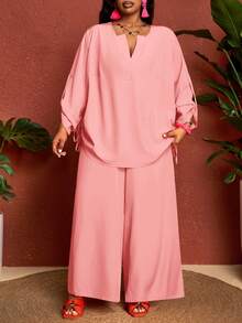 SHEIN CURVE+ Curve Size US22Music Festival, Seaside Vacation, Bohemia2pcs Casual Solid Color Lapel Long Sleeve Top And Pants Set, Women Western Style Outfit - Pink - View 5