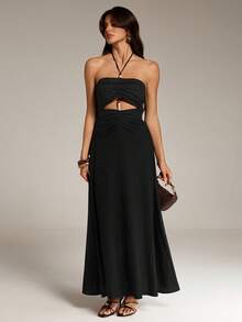 SHEIN Tall Women's Solid Color Backless Beaded Crochet Dress, Perfect For Vacation,Bohemian Clothes - Black - View 5