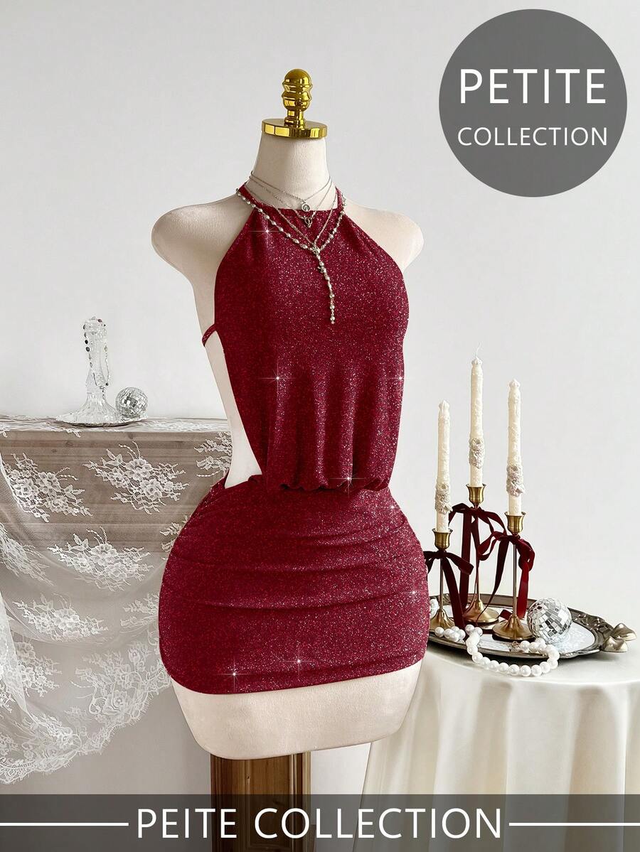 SHEIN PETITE 小巧性感露背系带迷你连衣裙,闪亮纹理面料,夏季假日 - 紅色 - 查看 1
