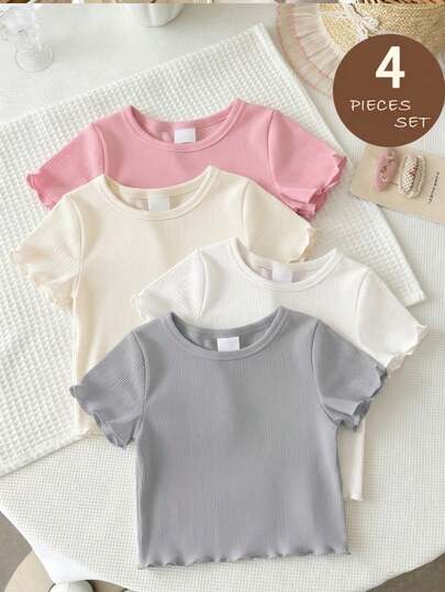 4pcs/Set Infant & Toddler Girls (6 Months - 2-3 Years) Korean Style Gentle / Minimalist Versatile Ruffle Trim Wavy Sleeve Ribbed, Solid Color Round Neck Short Sleeve Basic Tops, Suitable For Daily Wear, School, Children's Day, Spring/Summer/Autumn