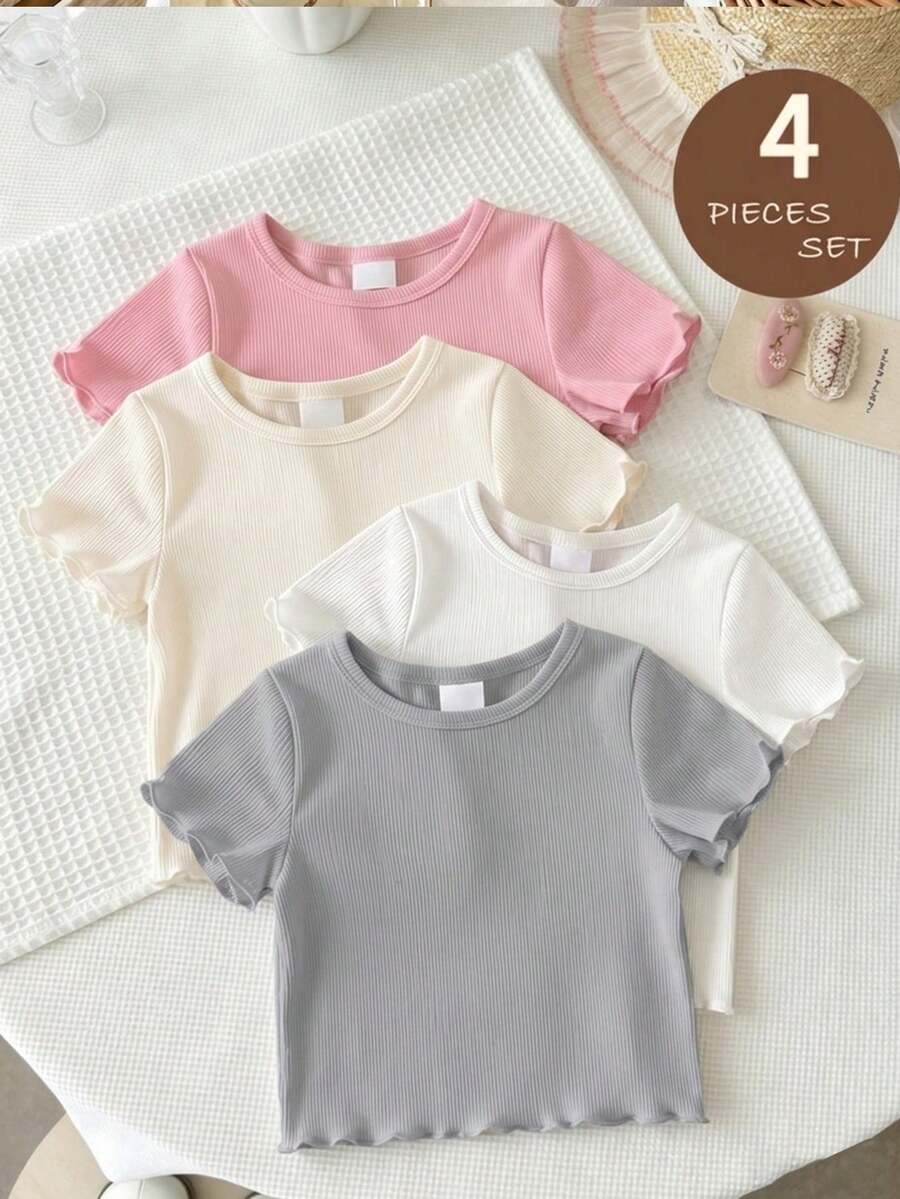 SHEIN Playful Pals 4pcs/Set Infant & Toddler Girls Grey And Pink,Summer,Casual,Graduation,Back-To-School Korean Style Ruffle Trim Ribbed Solid Short Sleeve Basic Tops - Multicolor - View 1
