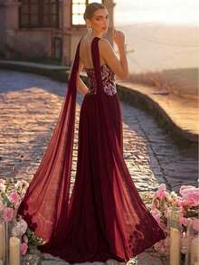 Aureia Elegant Luxurious Beaded Sequin Lace & Chiffon Flared Strapless Sexy Maxi Dress, Suitable For Weddings, Events, Parties, Vacations, Galas (Heavily Embellished) - Red - View 3