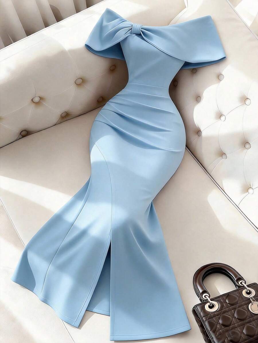 Franclia 女士优雅时尚夏季露肩长裙,高开衩下摆,褶皱性感露肩设计,情人节派对长裙,红色紧身礼服,蝴蝶结露肩,别致开衩连衣裙,简约时尚,适合夏季、假日、派对、海滩、商务办公等各种场合,休闲百搭。 - 淺藍色 - 查看 1