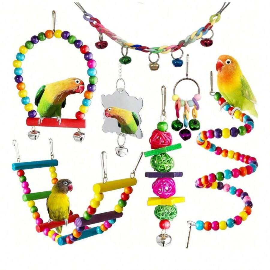 Set Mainan Burung 6 Buah, Ayunan, Tangga, Cermin untuk Burung Beo Kecil & Sedang, Cockatiel, Love Bird, Set Mainan Mengunyah & Menggiling - MultiWarna - View 1