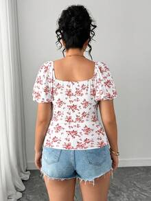 Elenzga Plus Size Women Elegant Square Neck Printed Top T-Shirt, Spring/Summer - White - View 2