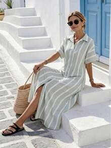 SHEIN Holidaya Đầm sơ mi nữ thanh lịch, dáng rộng, kẻ sọc màu xanh bạc hà, chất liệu giả lanh, dáng maxi chữ A dài đến mắt cá chân, ôm dáng, thích hợp cho kỳ nghỉ, du lịch biển, đi làm và mặc hàng ngày. - Màu xanh Bạc hà - Xem 5
