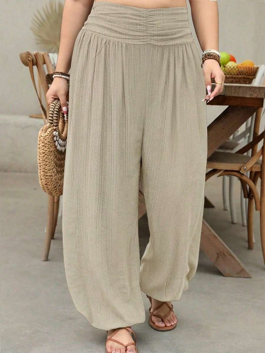 EMERY ROSE Plus Size Women Solid Color Pleated Casual Versatile Daily Wear Pants Fall - Khaki - View 1