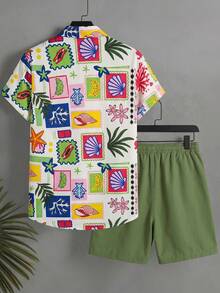 Azuldrift Conjunto de camisa y pantalones cortos con estampado tropical para hombre, atuendo casual de vacaciones - Multicolor - Ver 3
