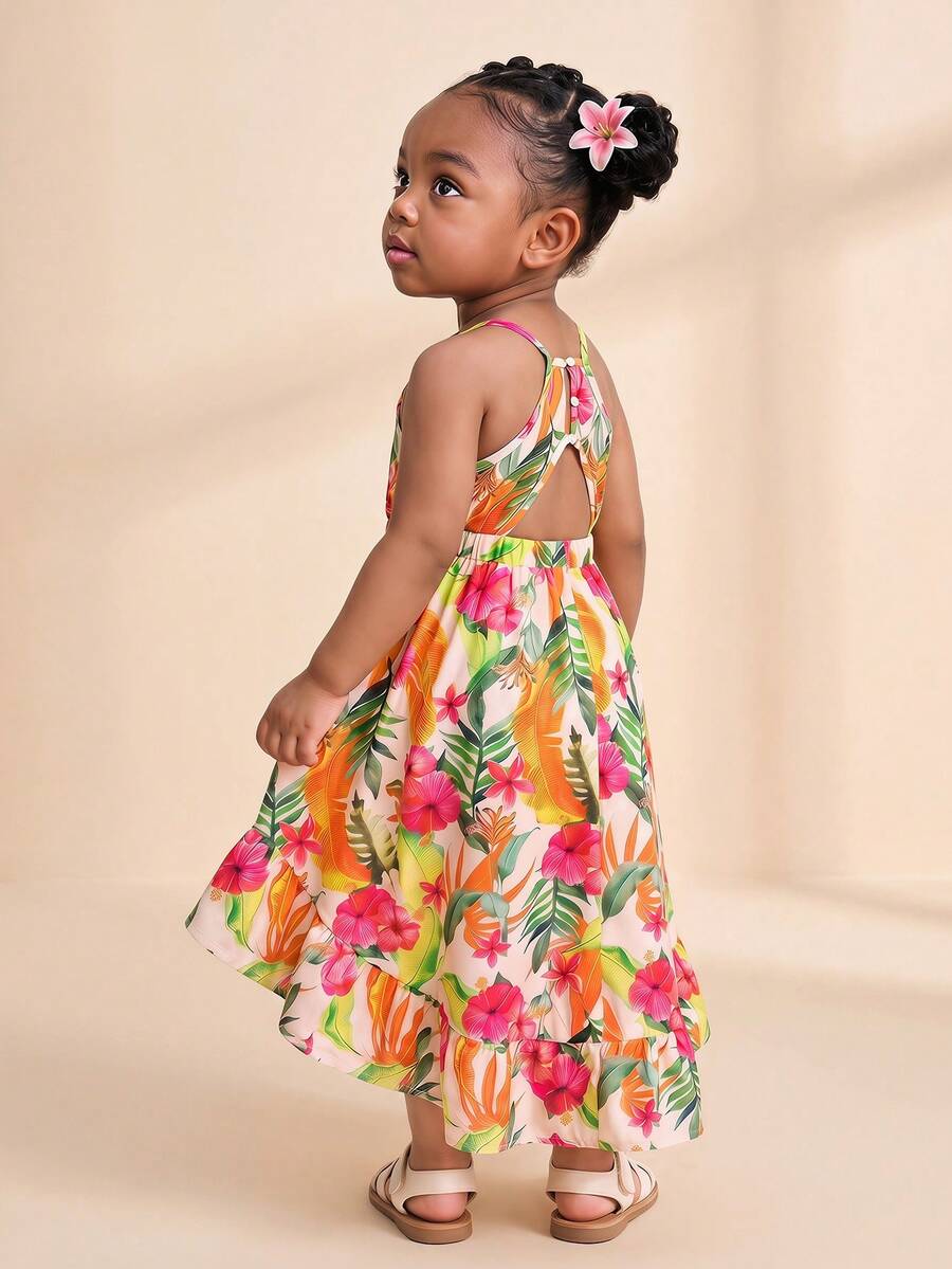 Cozy Pixies Baby Girl Cute Tropical Print Halter Backless High-Low Dress, Suitable For Summer & Vacation - Orange - View 1