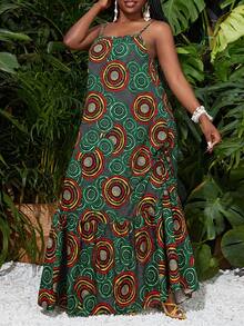 SHEIN CURVE+ Váy maxi dáng chữ A mỏng, yếm, cỡ lớn, in họa tiết cây xanh khắp thân váy, thích hợp cho kỳ nghỉ hè của nữ. - Nhiều màu - Xem 4