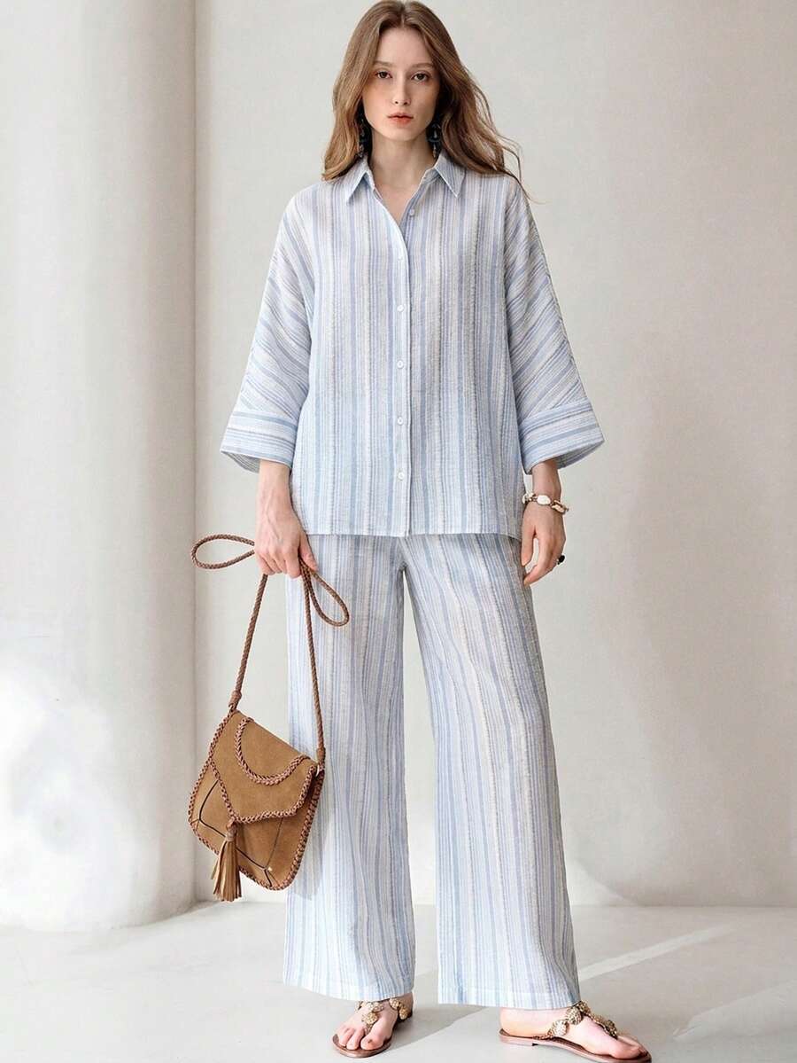 Zanirela Bộ đồ 2 món phong cách Pháp thanh lịch, thoải mái, dáng rộng, cổ bẻ, chất liệu màu kem, kết hợp với quần ống đứng cạp chun kẻ sọc, đa năng dành cho nữ. - Nhiều màu - Xem 1