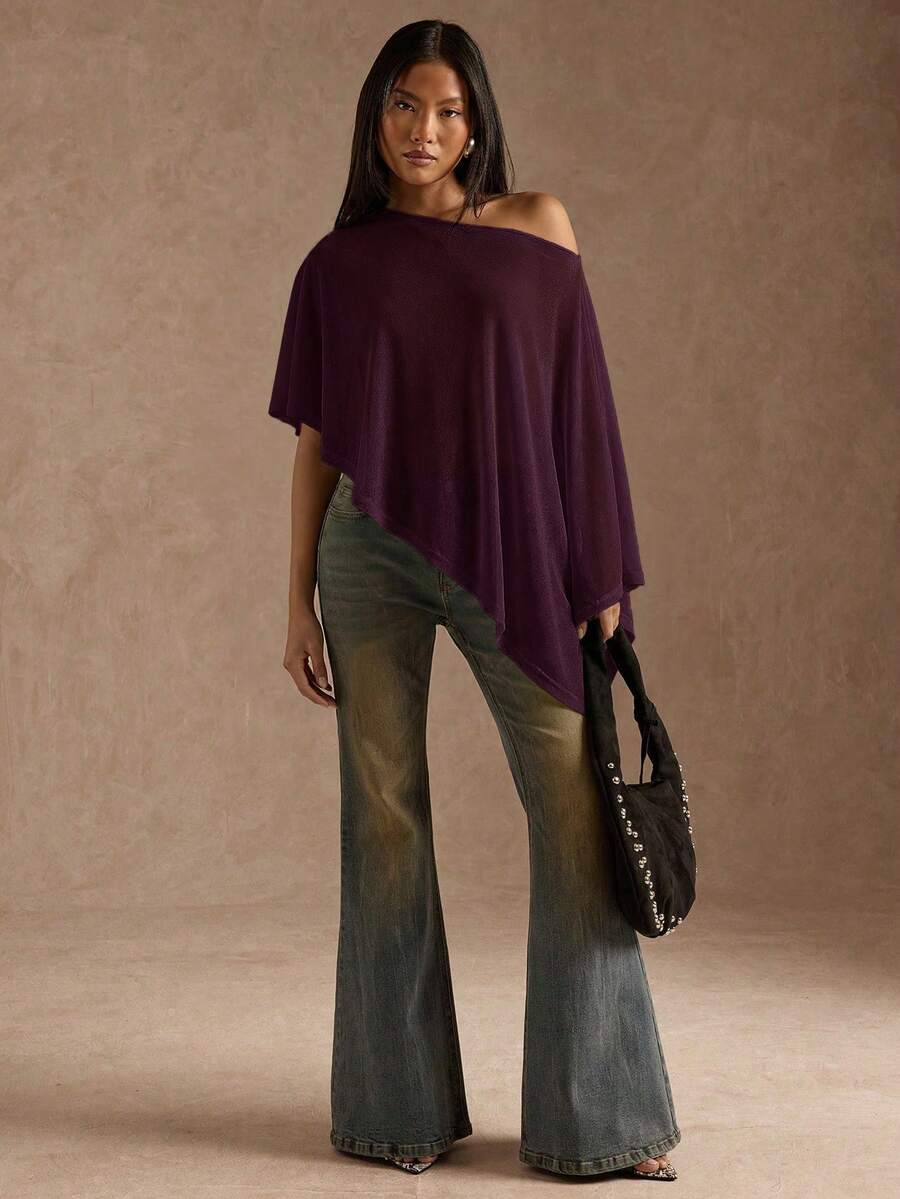 SHEIN BAE Blus Asimetris Warna Polos untuk Wanita, Atasan Musim Panas - Red Violet - View 1