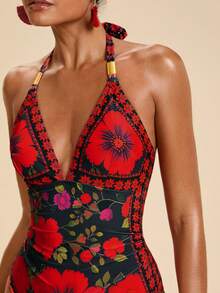 Travachic Women's Floral Print Deep V-Neck One-Piece Swimsuit, Vacation Style - Multicolor - View 5