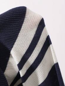 Dazy Plus Striped Loose Patchwork Collar Casual Short Sleeve Knit Top - Navy Blue - View 6
