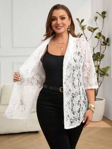 Miaspire Áo blazer nữ cỡ lớn phối ren, kiểu dáng thường ngày, đa năng, thích hợp đi làm. - trắng - Xem 7